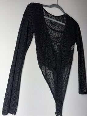 Women's Black Sheer Leopard Lace-Up Bodysuit